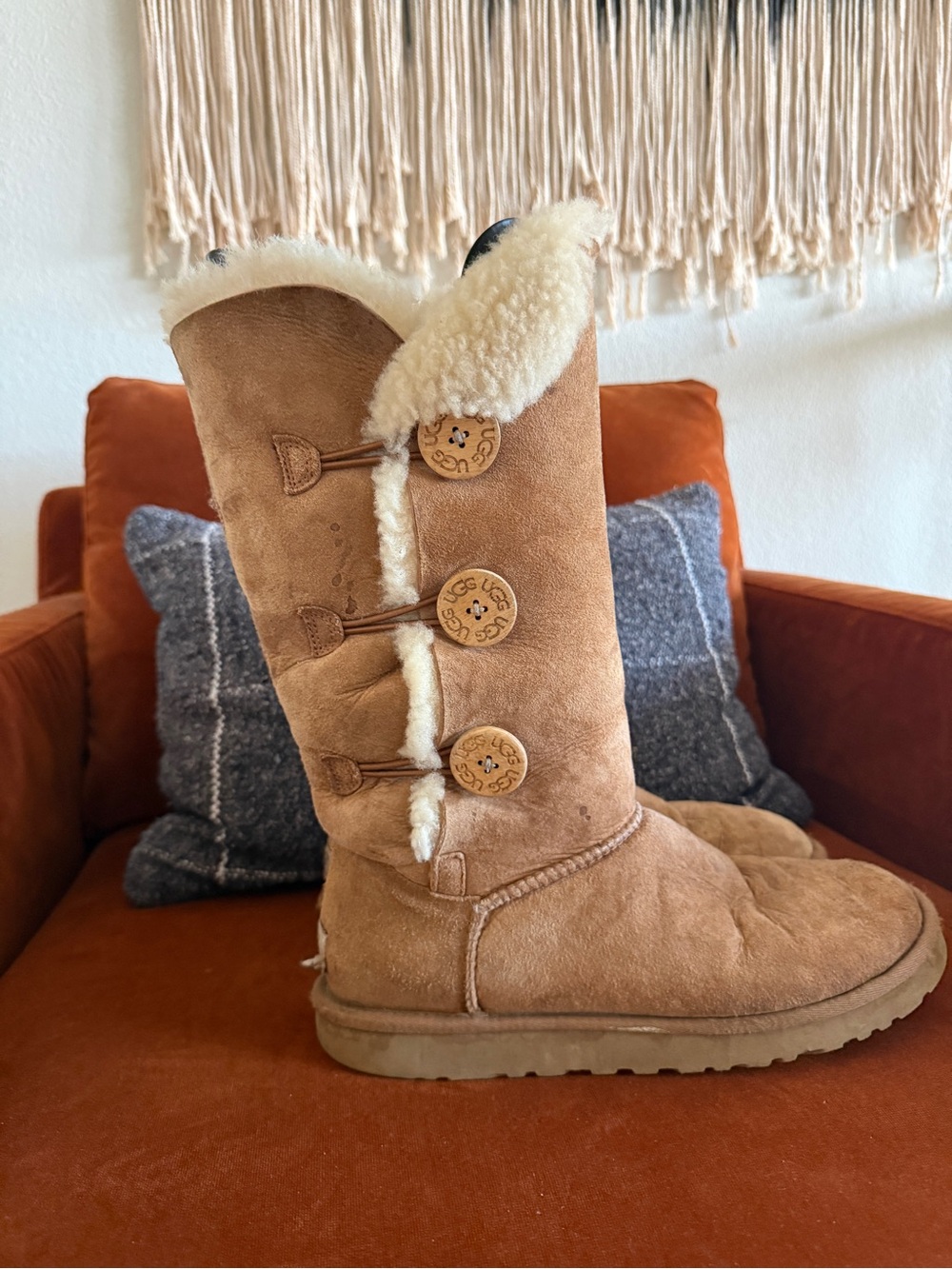 UGG Women's Chestnut Button-Front Shearling Tall Boot Size 8